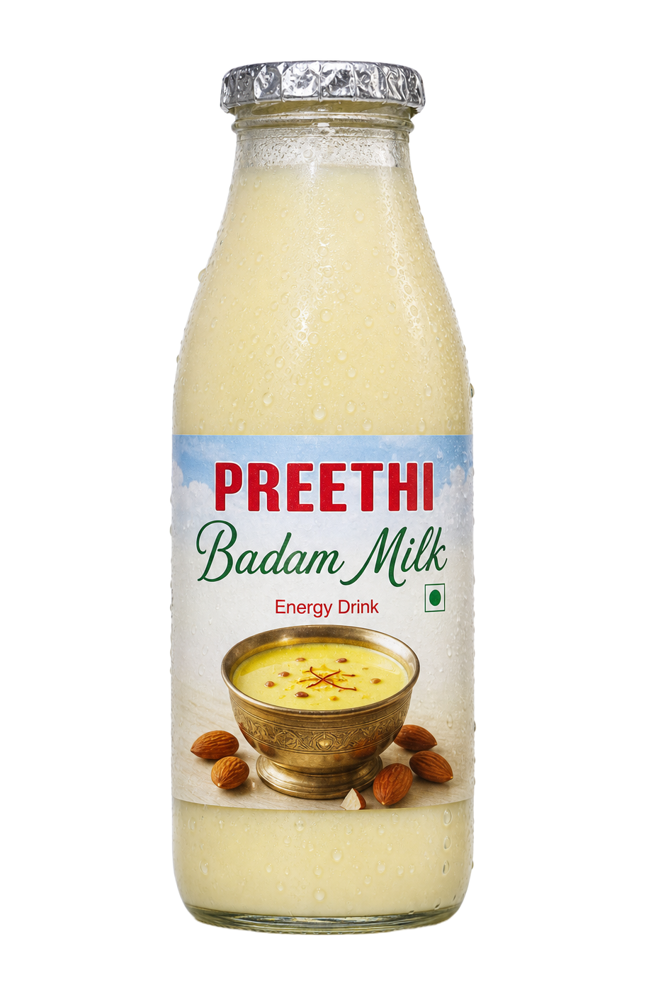 Preethi Badam Milk in its glass bottle, condensation on the cold glass