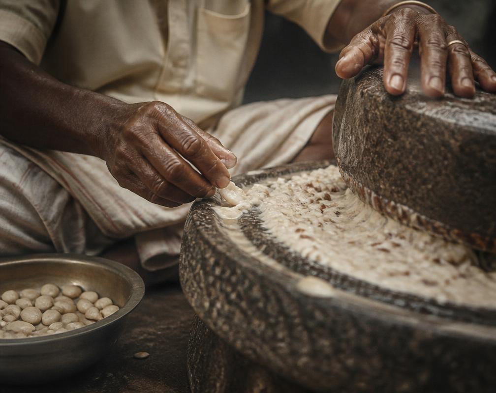 Soaked almonds ground by hand on a stone grinder