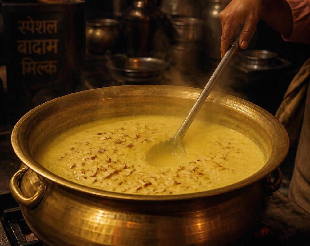 Badam milk simmering and being stirred in a brass pot
