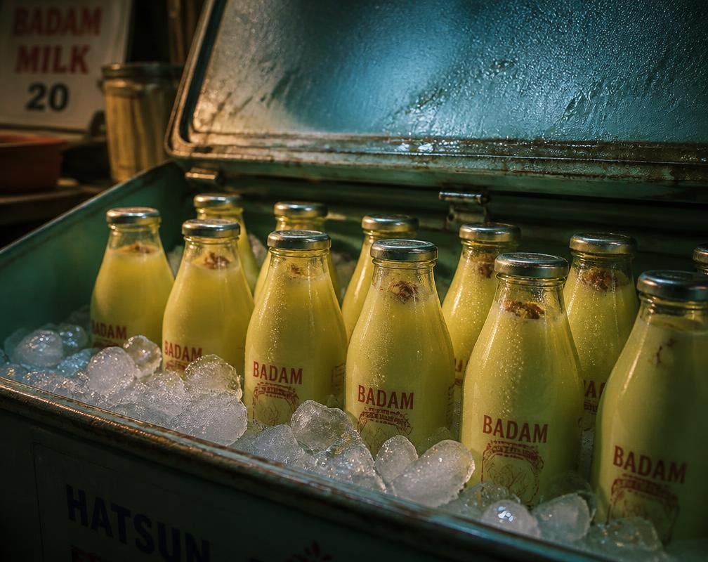 Glass bottles of badam milk resting in an ice box
