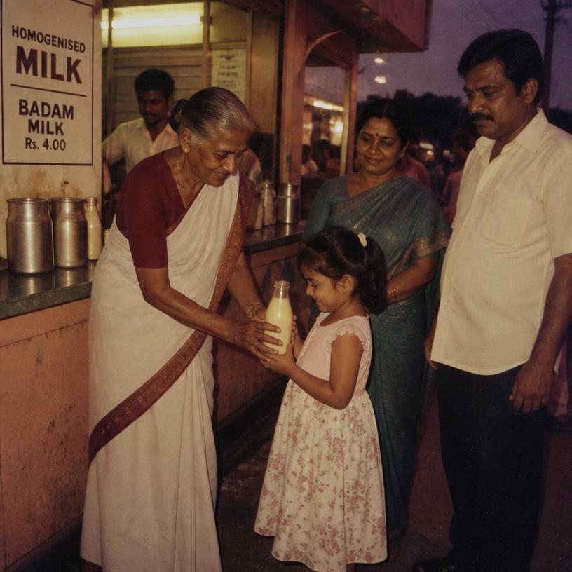 A grandmother handing a young girl a bottle of badam milk at a shop counter